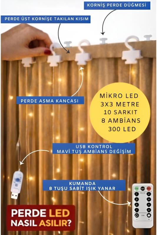 nextbuy Perde Led Işıkları Süsleme Usb Uzaktan Kumanda 8 Mod Işık Zinciri 10 Saçaklı Kanca Aparatlı