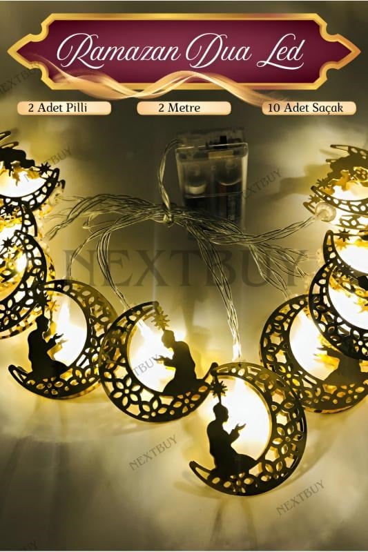 nextbuy Ramazan Dua Temalı Metal Led Işık 2x Pilli 10 Saçaklı Cam Perde Dekoratif Süsleme Işığı
