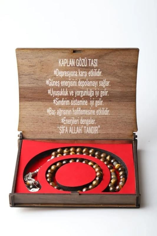 Özel Ahşap Kutulu Kaplangözü Taşı Tesbih ve Bileklik Seti
