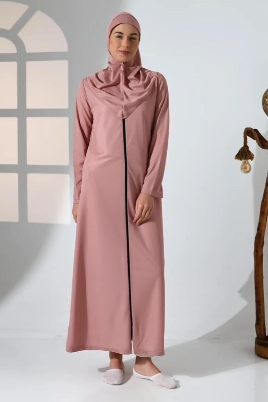 Pembe Kadın Fermuarlı Tek Parça Kendinden Örtülü Namaz Elbisesi
