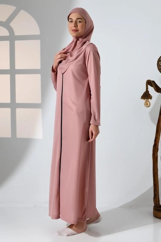 Pembe Kadın Fermuarlı Tek Parça Kendinden Örtülü Namaz Elbisesi