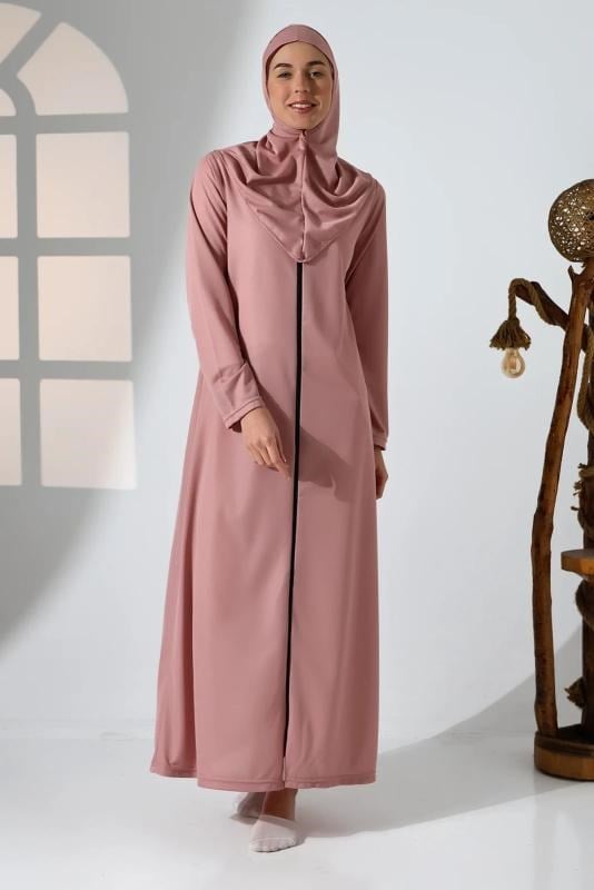 Pembe Kadın Fermuarlı Tek Parça Kendinden Örtülü Namaz Elbisesi