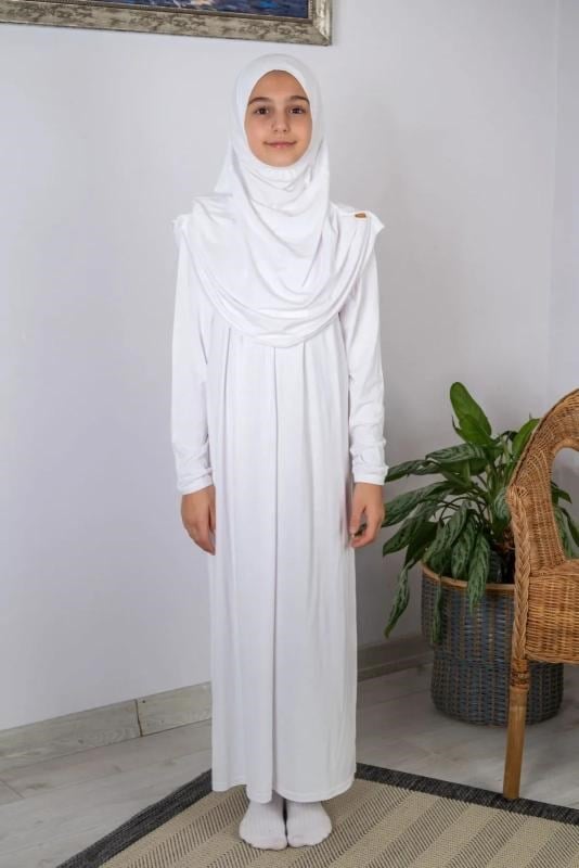Pratik Başörtülü Tek Parça Çocuk Namaz Elbisesi 8-12 Yaş - Beyaz