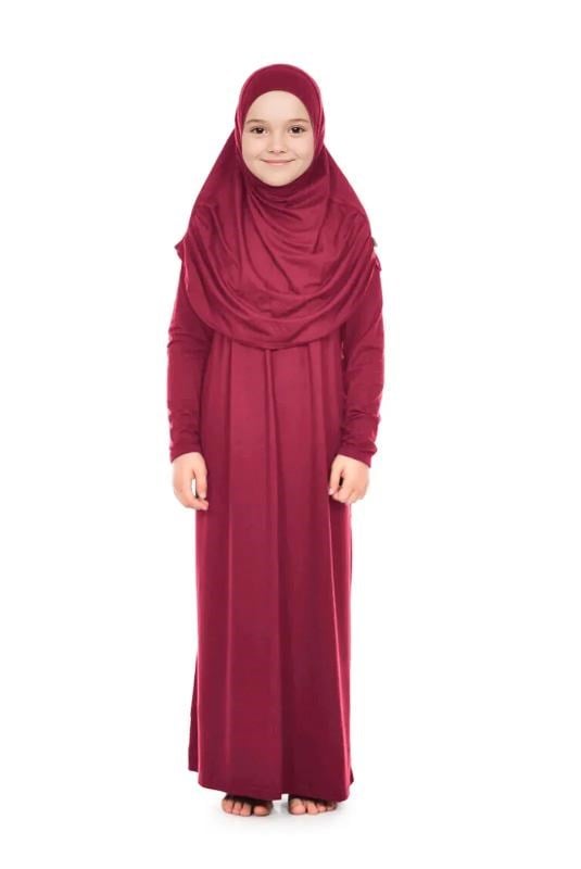 Pratik Başörtülü Tek Parça Kız Çocuk Namaz Elbisesi 9-11 Yaş Kırmızı