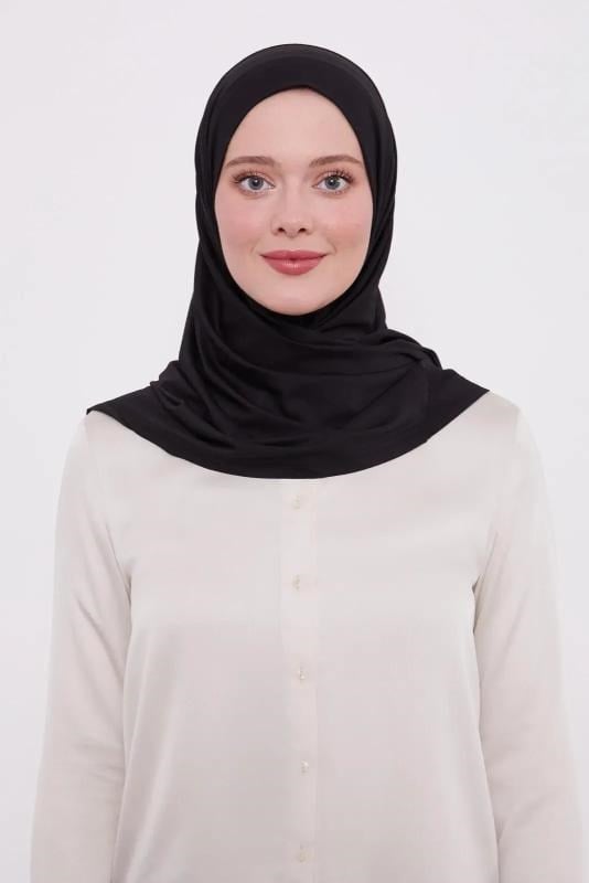 Şal Görünümlü Hazır Pratik Geçmeli Tesettür Hijab Bone - Siyah Renk