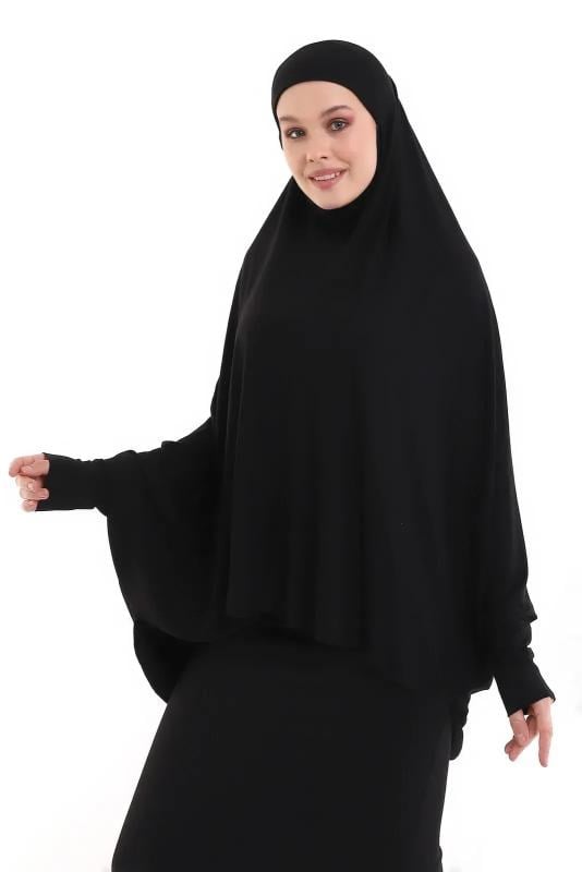 Siyah Hazır Pratik Sultanbaş Tesettür Kollu Penye Sufle Eşarp Hijab