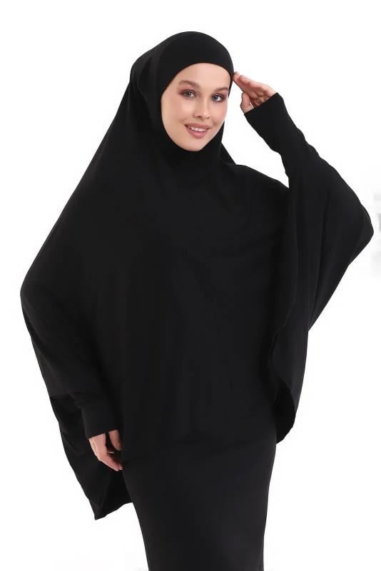 Siyah Hazır Pratik Sultanbaş Tesettür Kollu Penye Sufle Eşarp Hijab