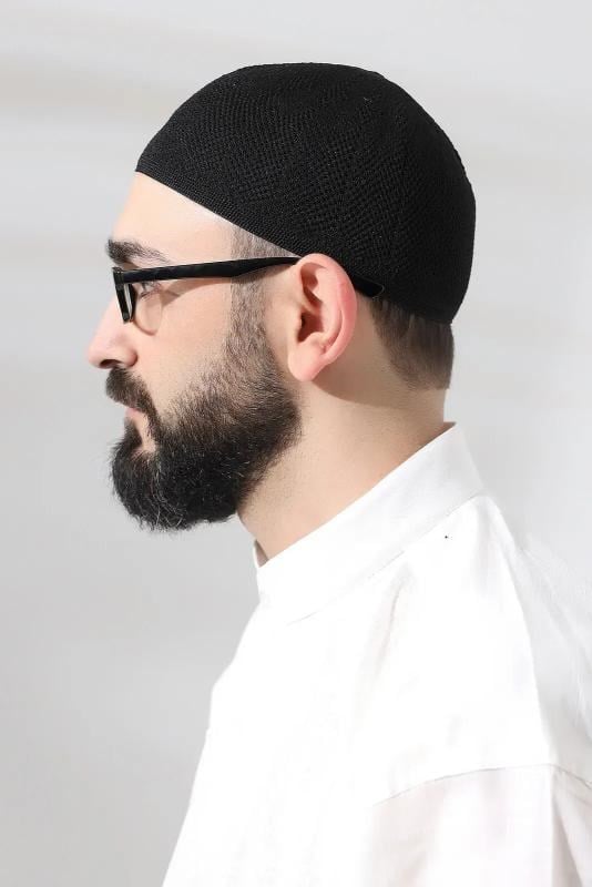 Siyah Safir Dantel Detaylı Örme Namaz Takkesi