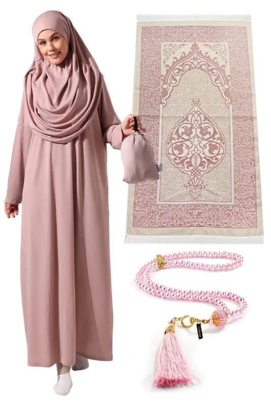 Tek Parça Namaz Elbisesi - Seccade - Tesbih - İbadet Seti Gül Kurusu