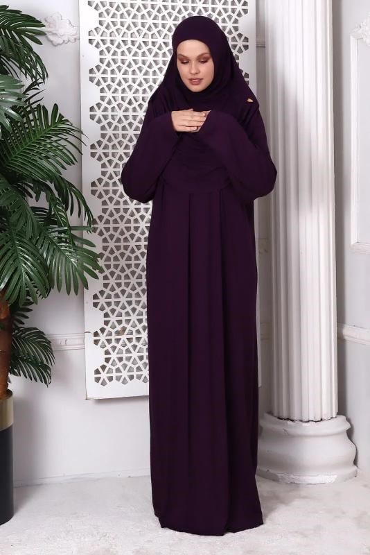 Tek Parça Pratik Başörtülü Robalı Namaz Elbisesi 8015 Mürdüm