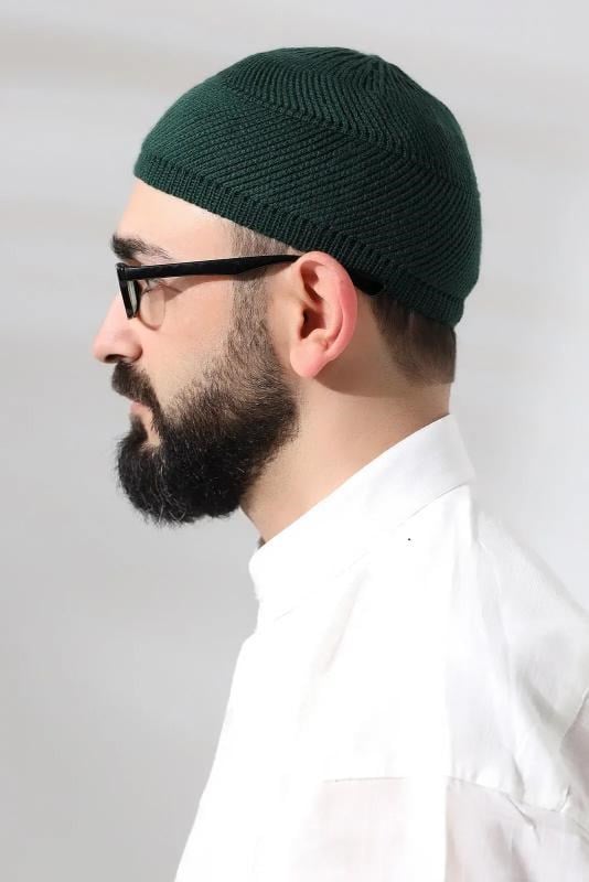 Yeşil Süper Namaz Dantel Detaylı Örme Orlon Namaz Takkesi