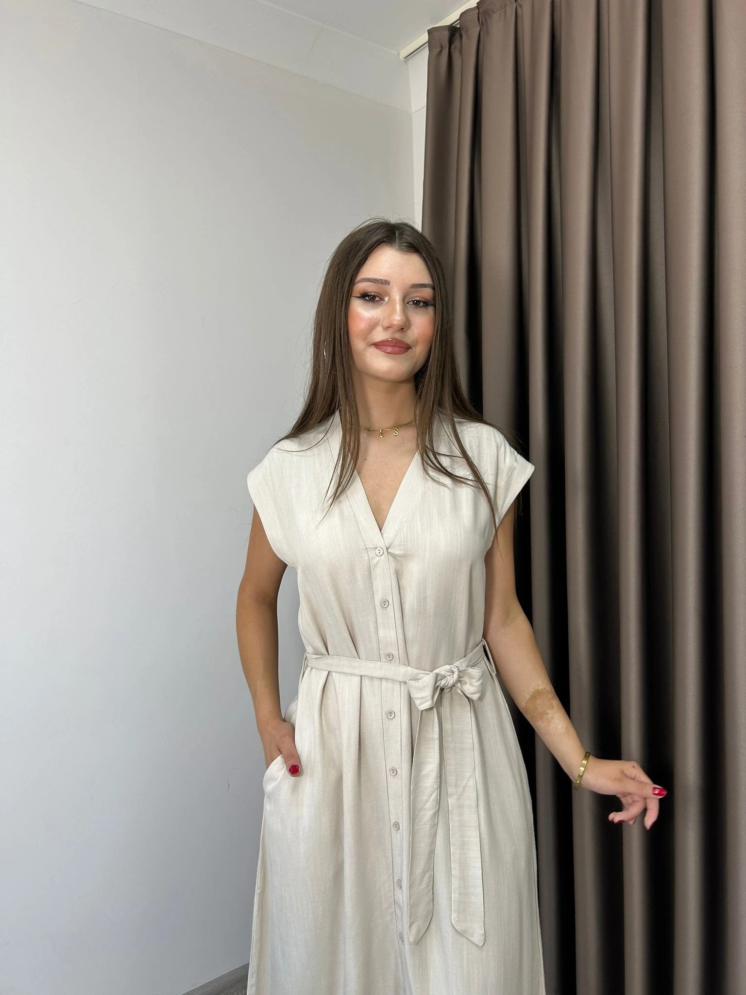 TENSEL KUMAŞ MİDİ ELBİSE