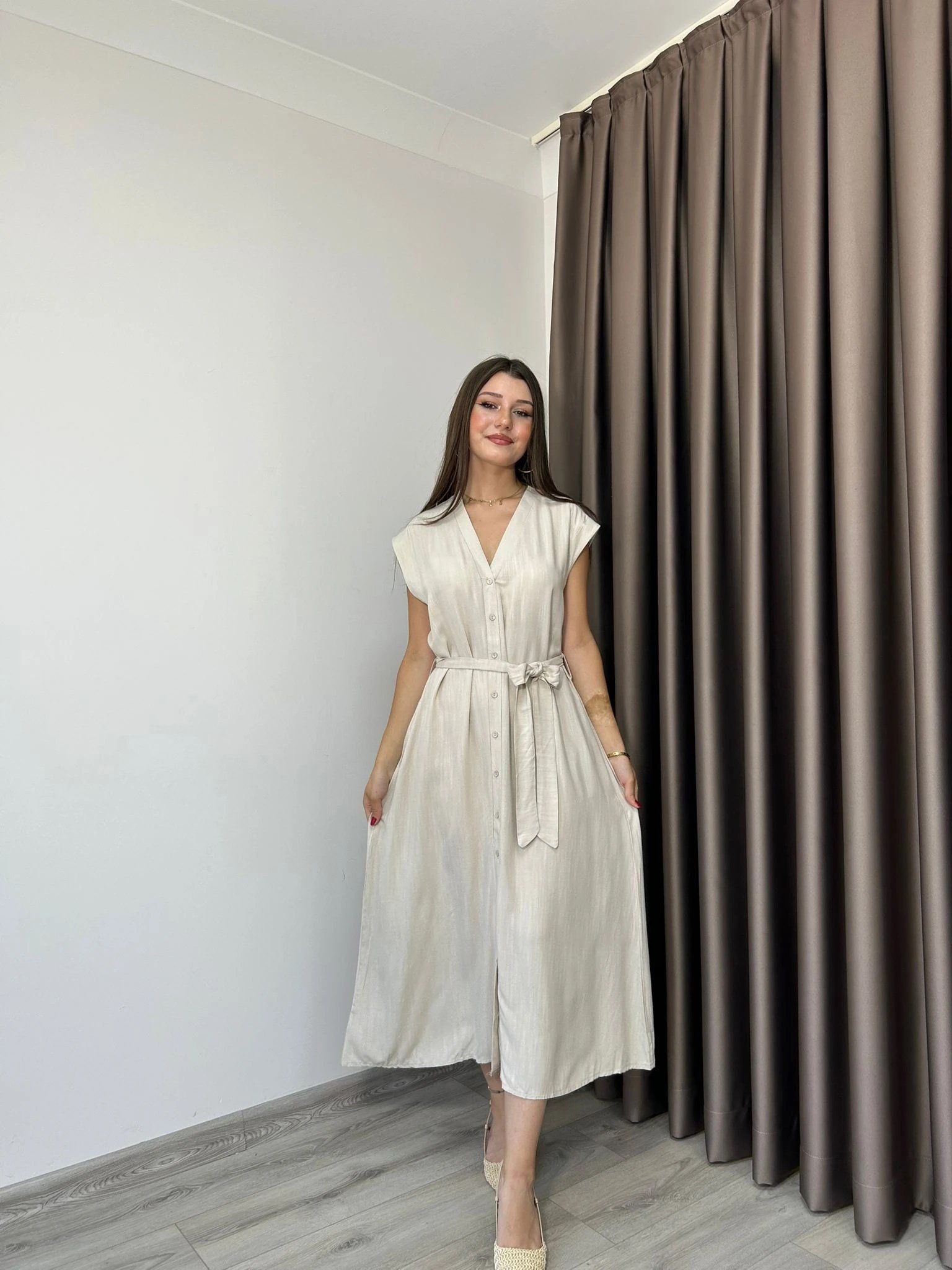 TENSEL KUMAŞ MİDİ ELBİSE
