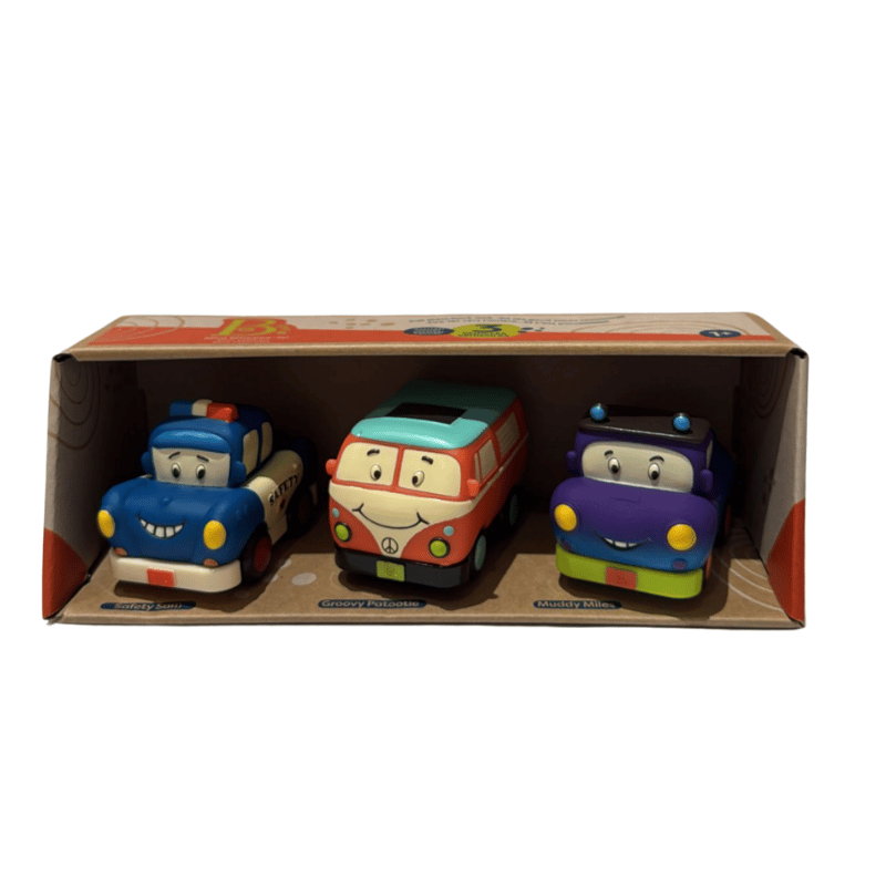 B.Toys 3'lü Mini Çek-Bırak Araba Seti - Polis/Retro Van/Jeep