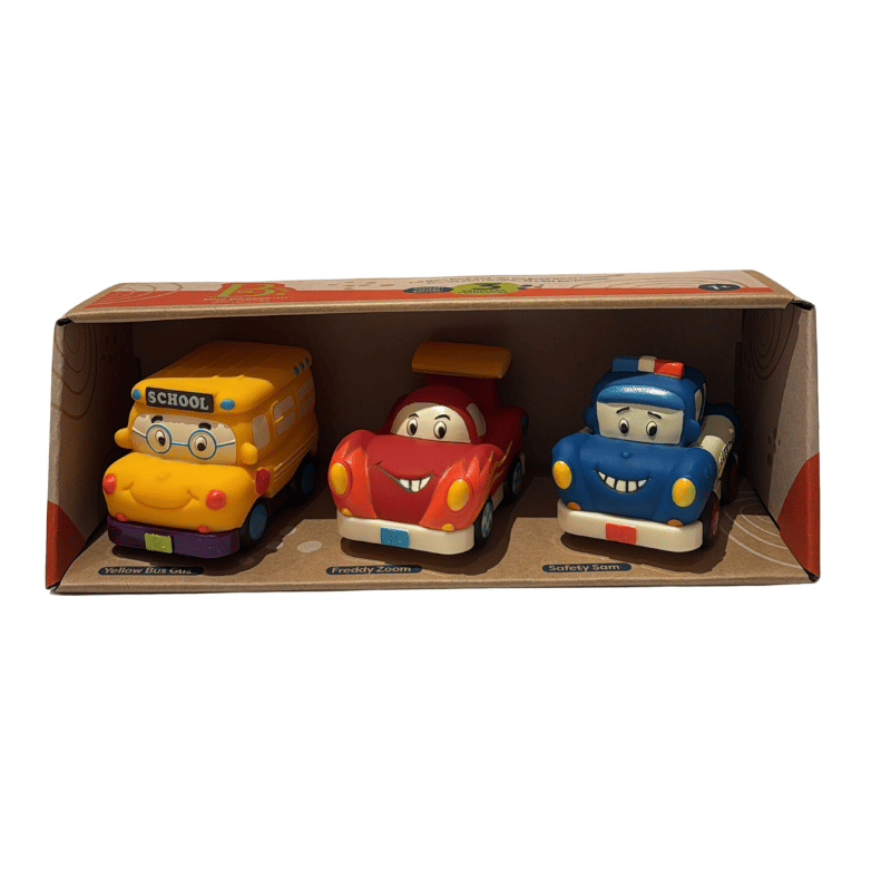 B.Toys 3'lü Mini Çek-Bırak Araba Seti - Okul Otobüsü/Yarış Arabası/Polis