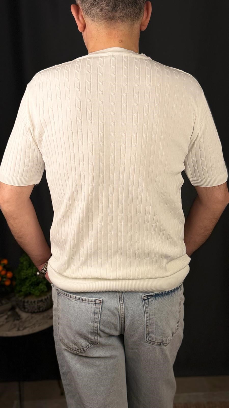 BİSİKLET YAKA , KENDİNDEN DESENLİ , BELİ LASTİKLİ ,TİŞÖRT (Ekru)
