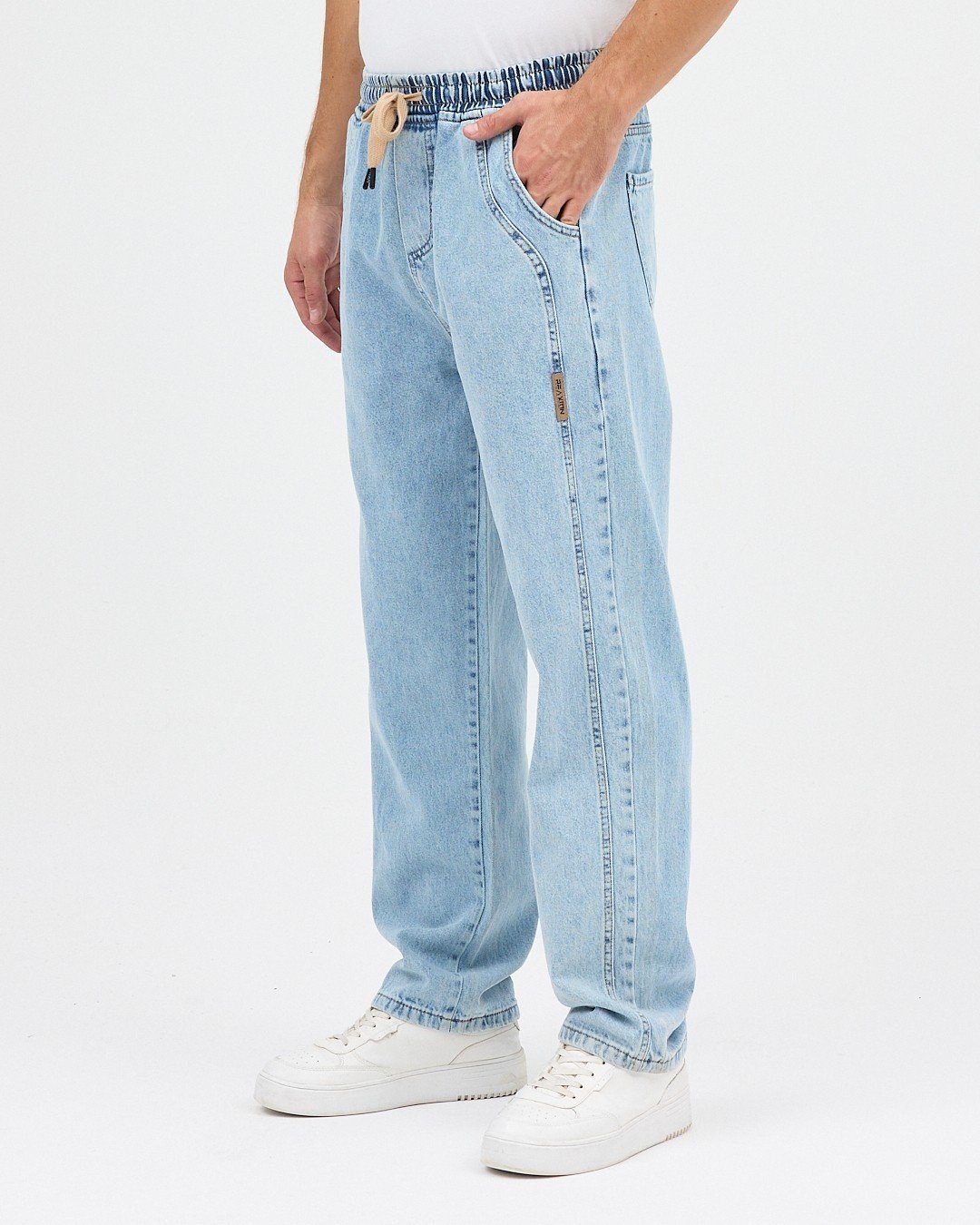 BUZ MAVİSİ ERKEK PARÇALI DESEN YAN ETİKETLİ BAGGY KOT PANTOLON