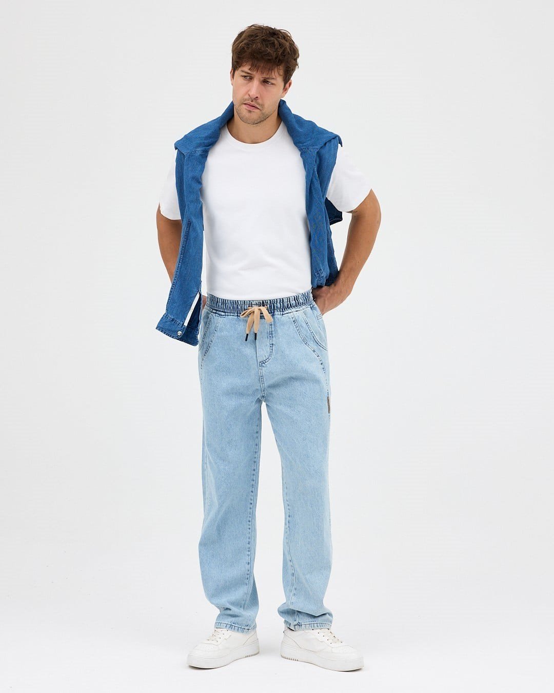 BUZ MAVİSİ ERKEK PARÇALI DESEN YAN ETİKETLİ BAGGY KOT PANTOLON
