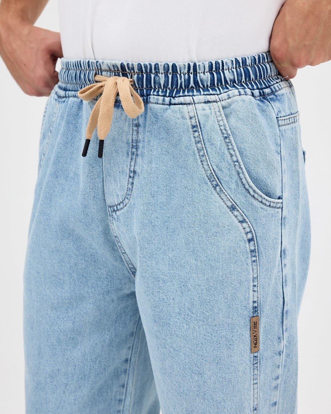 BUZ MAVİSİ ERKEK PARÇALI DESEN YAN ETİKETLİ BAGGY KOT PANTOLON