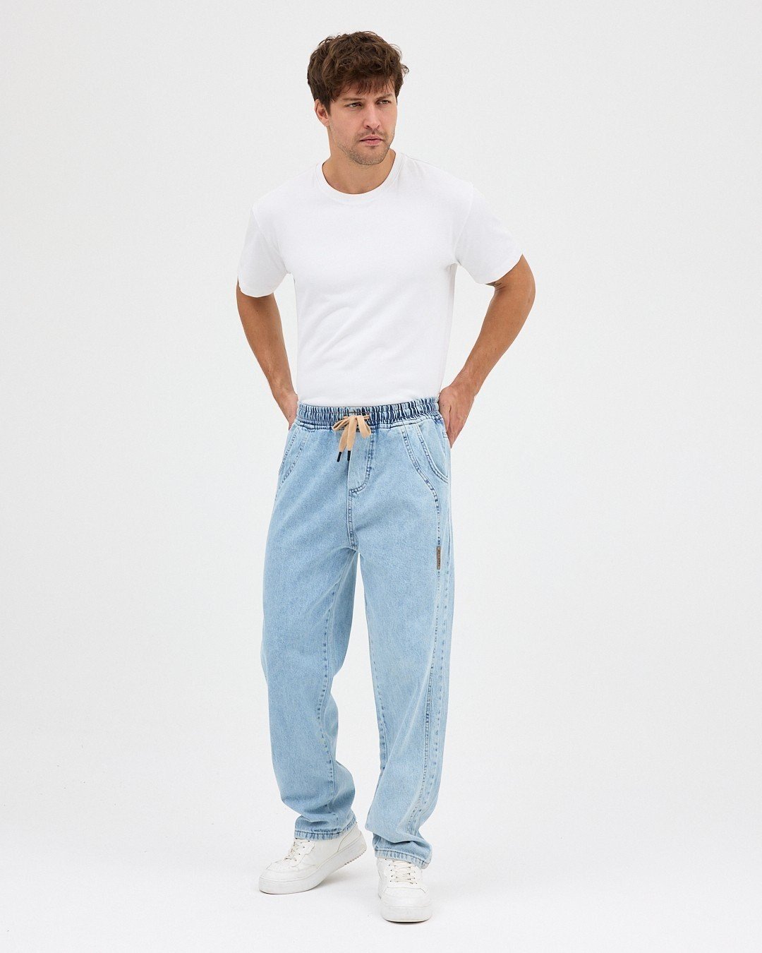 BUZ MAVİSİ ERKEK PARÇALI DESEN YAN ETİKETLİ BAGGY KOT PANTOLON
