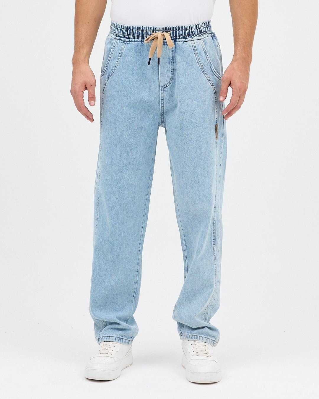 BUZ MAVİSİ ERKEK PARÇALI DESEN YAN ETİKETLİ BAGGY KOT PANTOLON