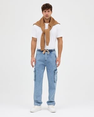 BUZ MAVİSİ GENİŞ CEPLİ KARGO JEAN PANTOLON