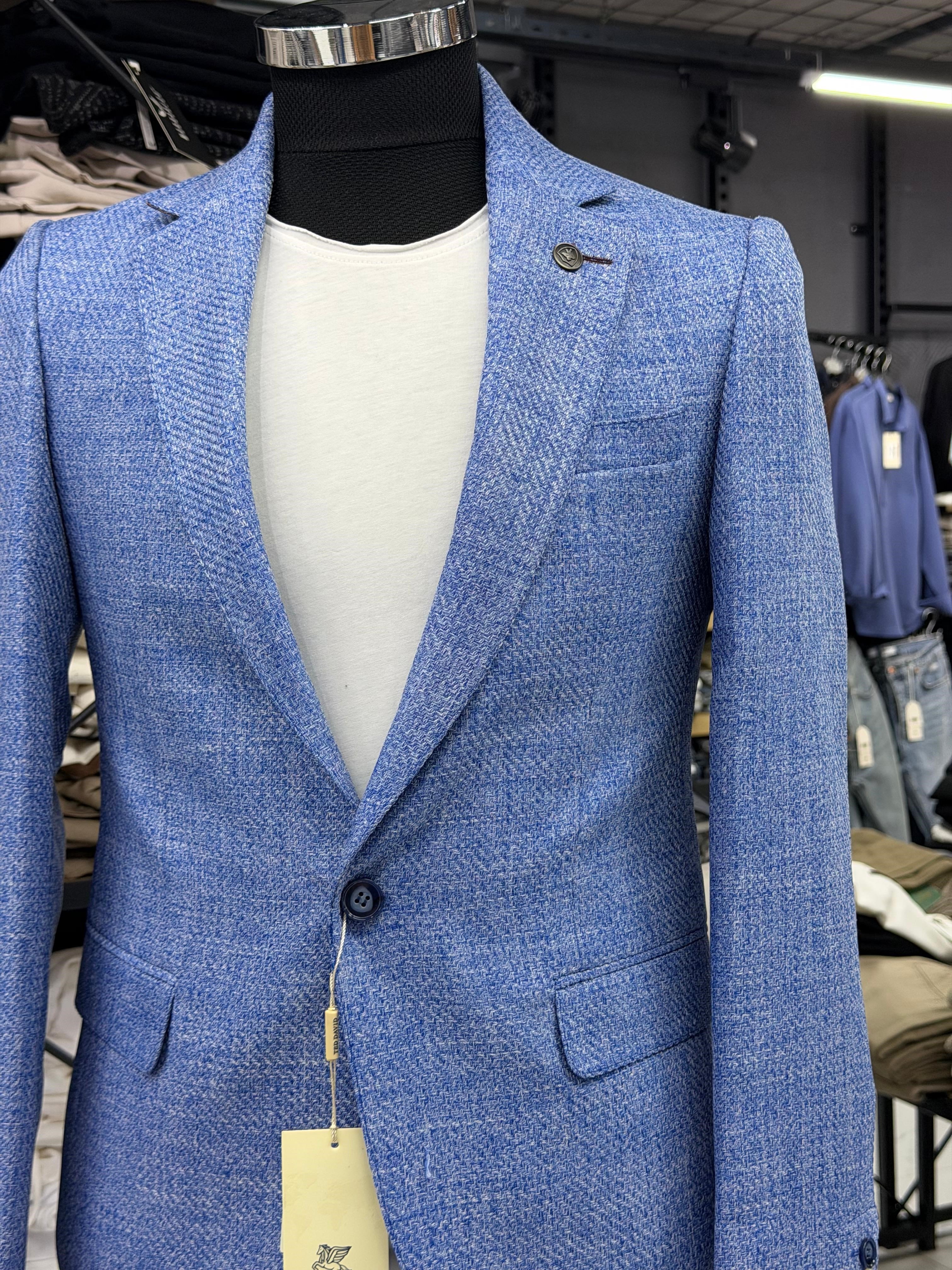 Erkek Mavi Kırçıllı Dokulu Slim Fit Blazer Ceket