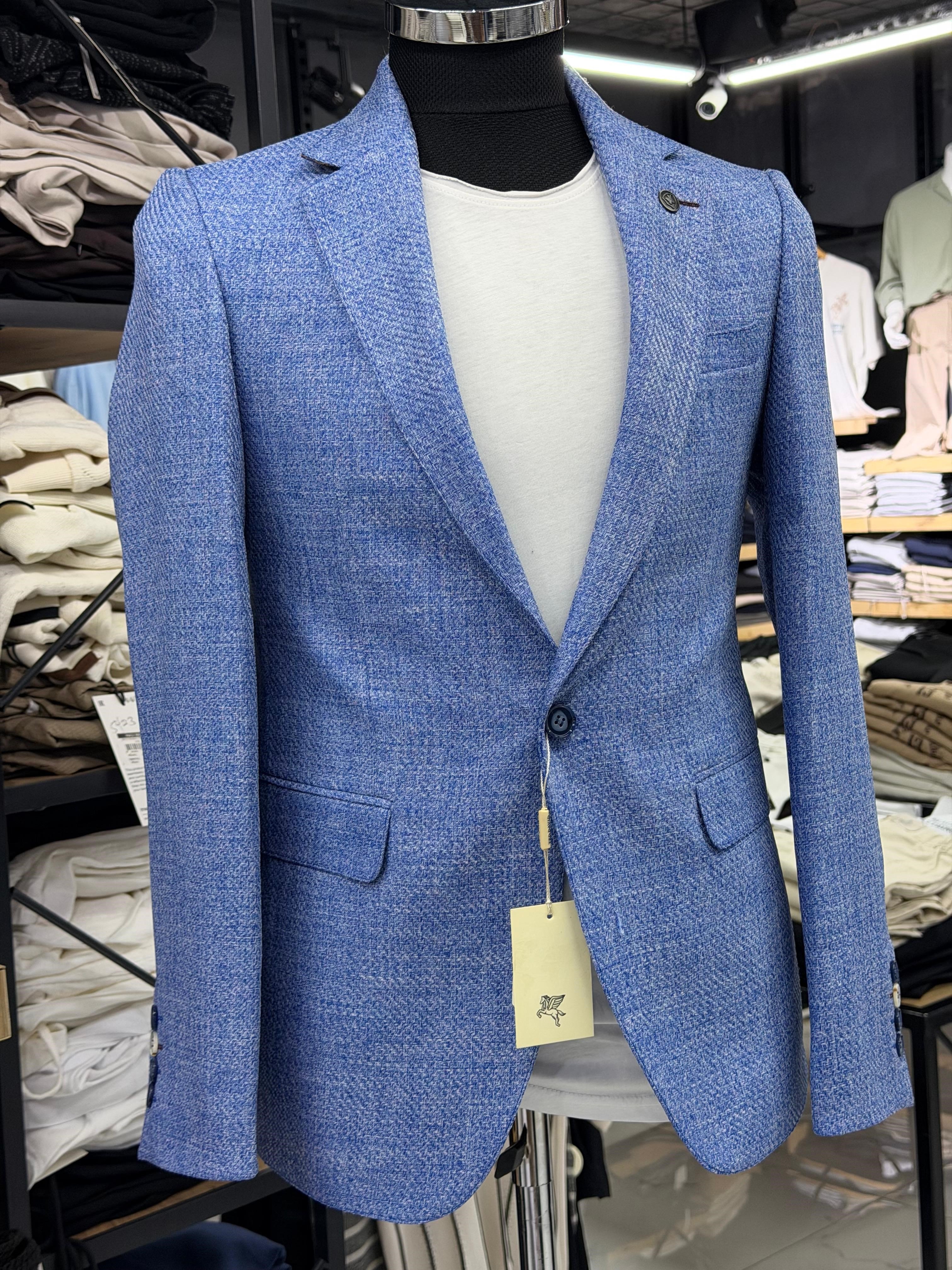 Erkek Mavi Kırçıllı Dokulu Slim Fit Blazer Ceket