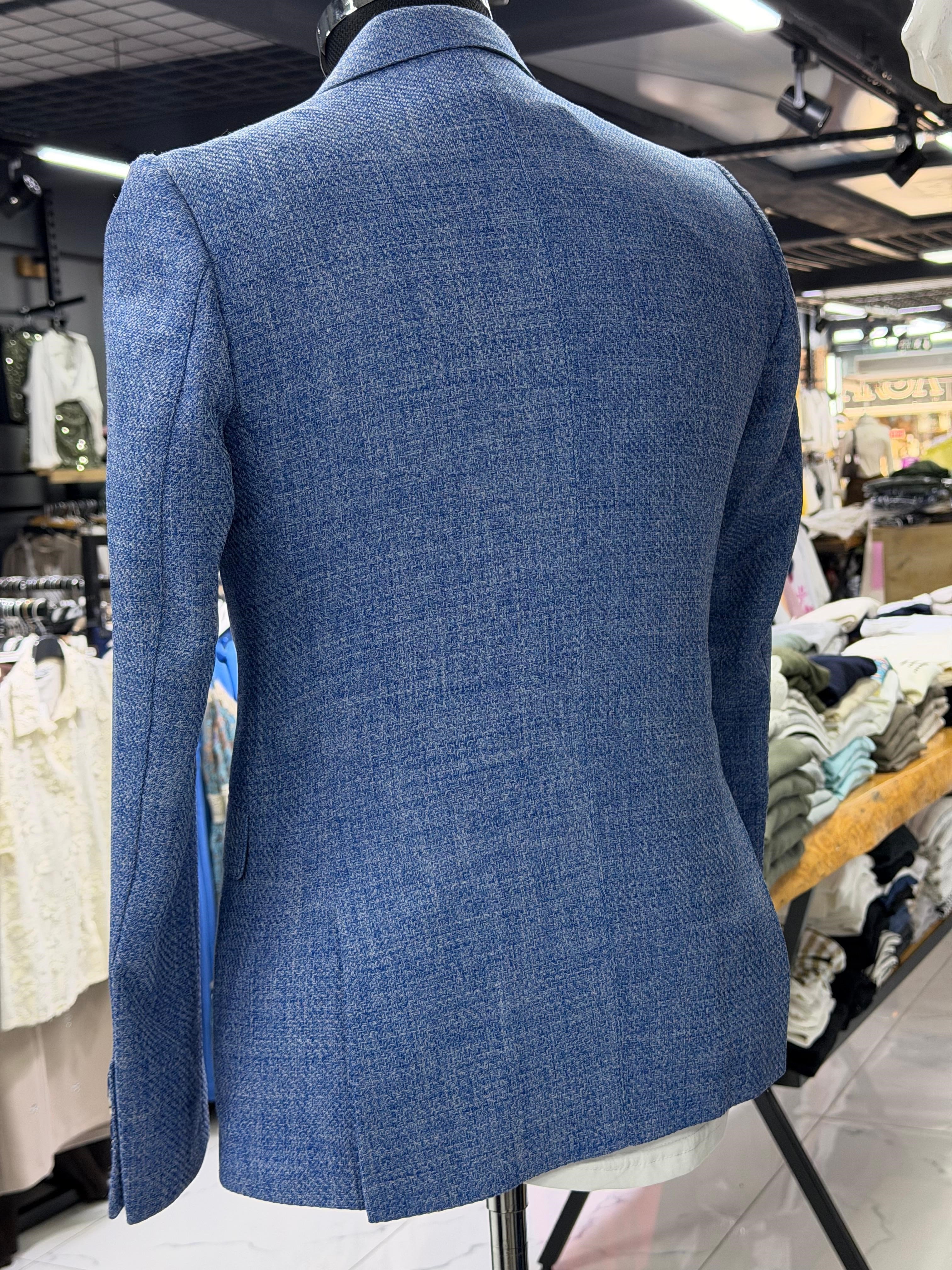 Erkek Mavi Kırçıllı Dokulu Slim Fit Blazer Ceket