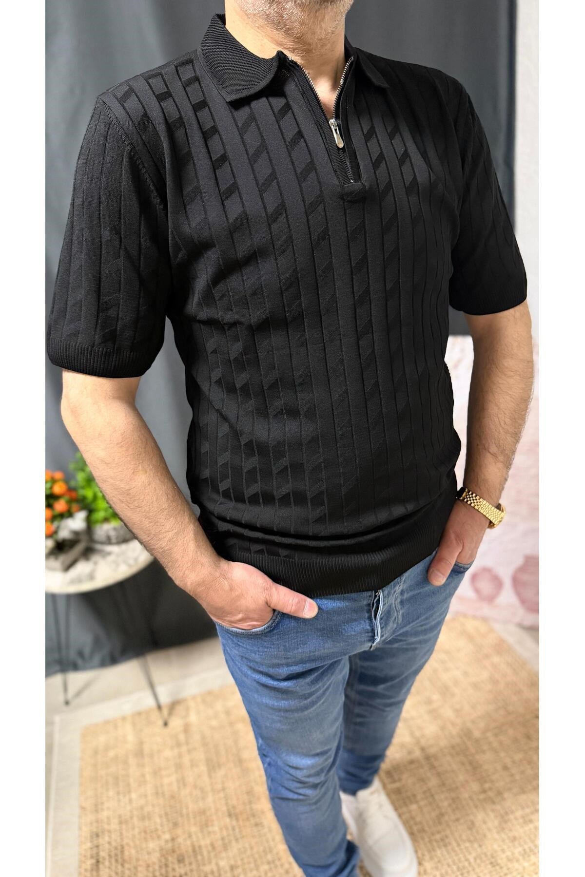 FERMUARLI POLO YAKALI , DOKULU KUMAŞ , FİT KALIP ERKEK TİŞÖRT