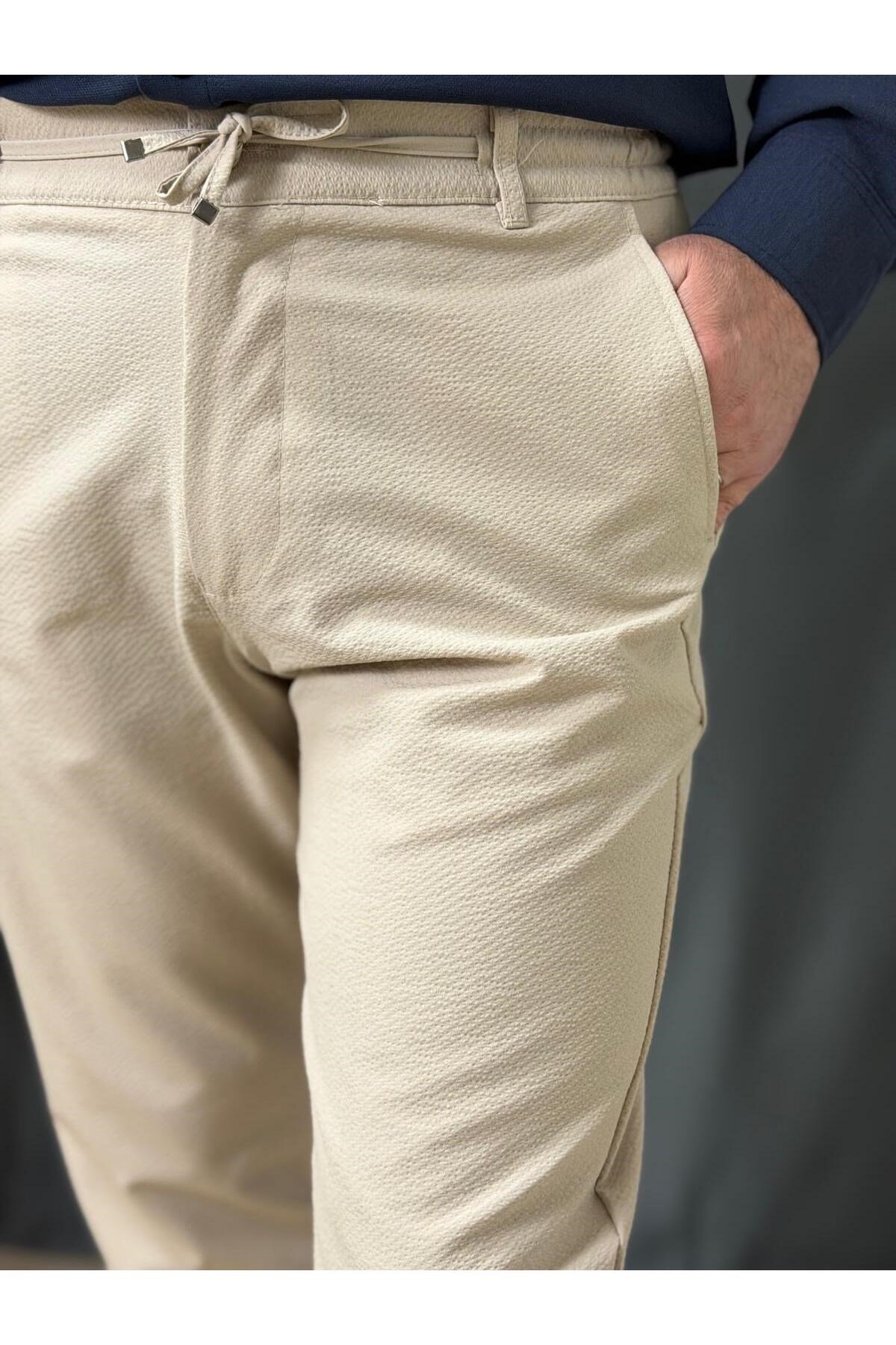FİT KESİM , BELİ LASTİKLİ , PETEKLİ KETEN PANTOLON (7036)