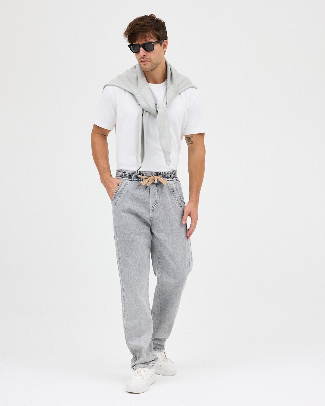 GRİ ERKEK PARÇALI DESEN YAN ETİKETLİ BAGGY KOT PANTOLON