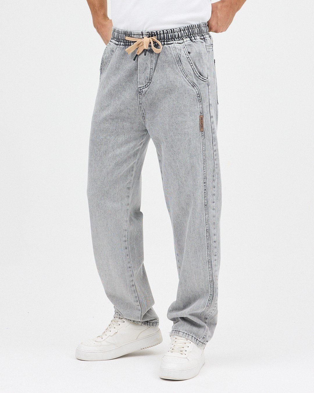 GRİ ERKEK PARÇALI DESEN YAN ETİKETLİ BAGGY KOT PANTOLON