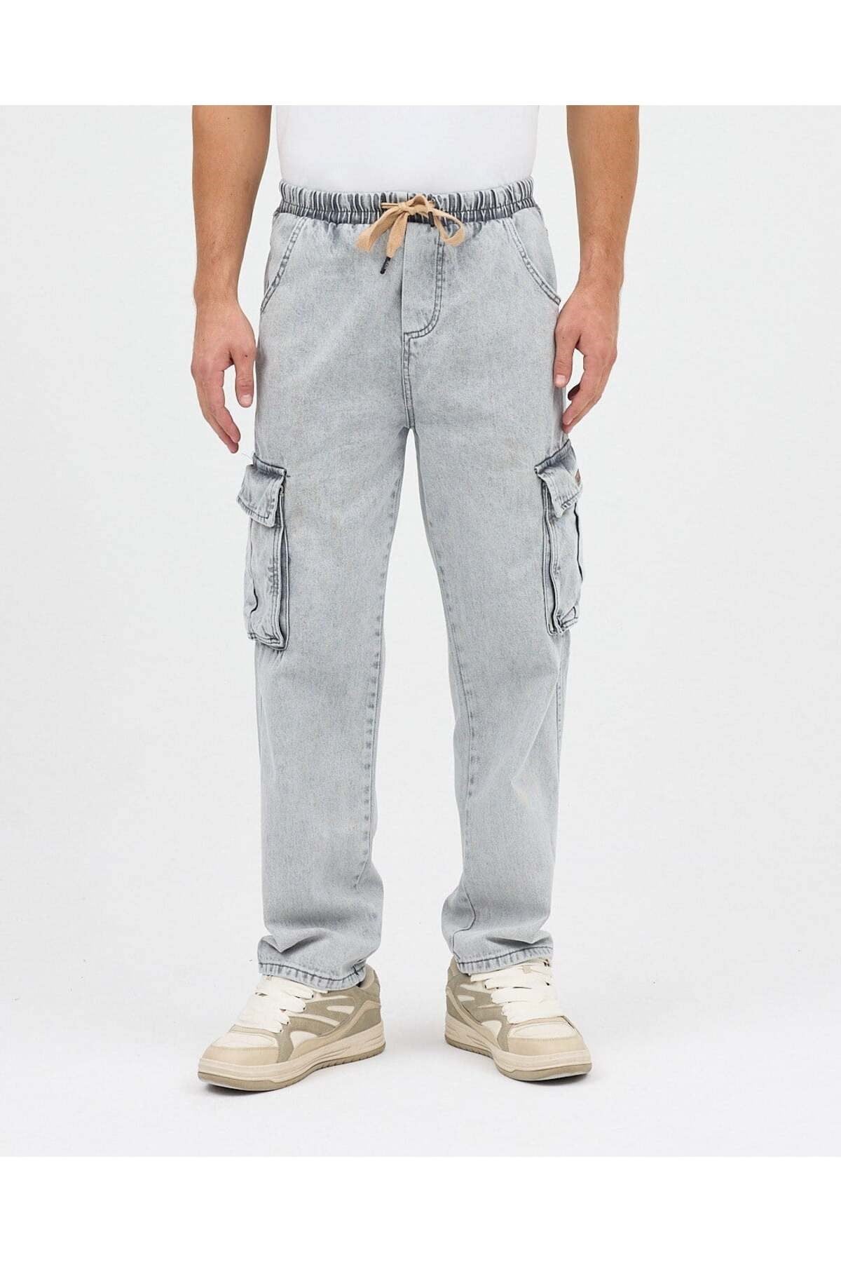 GRİ GENİŞ ÇEPLİ KARGO JEAN PANTOLON