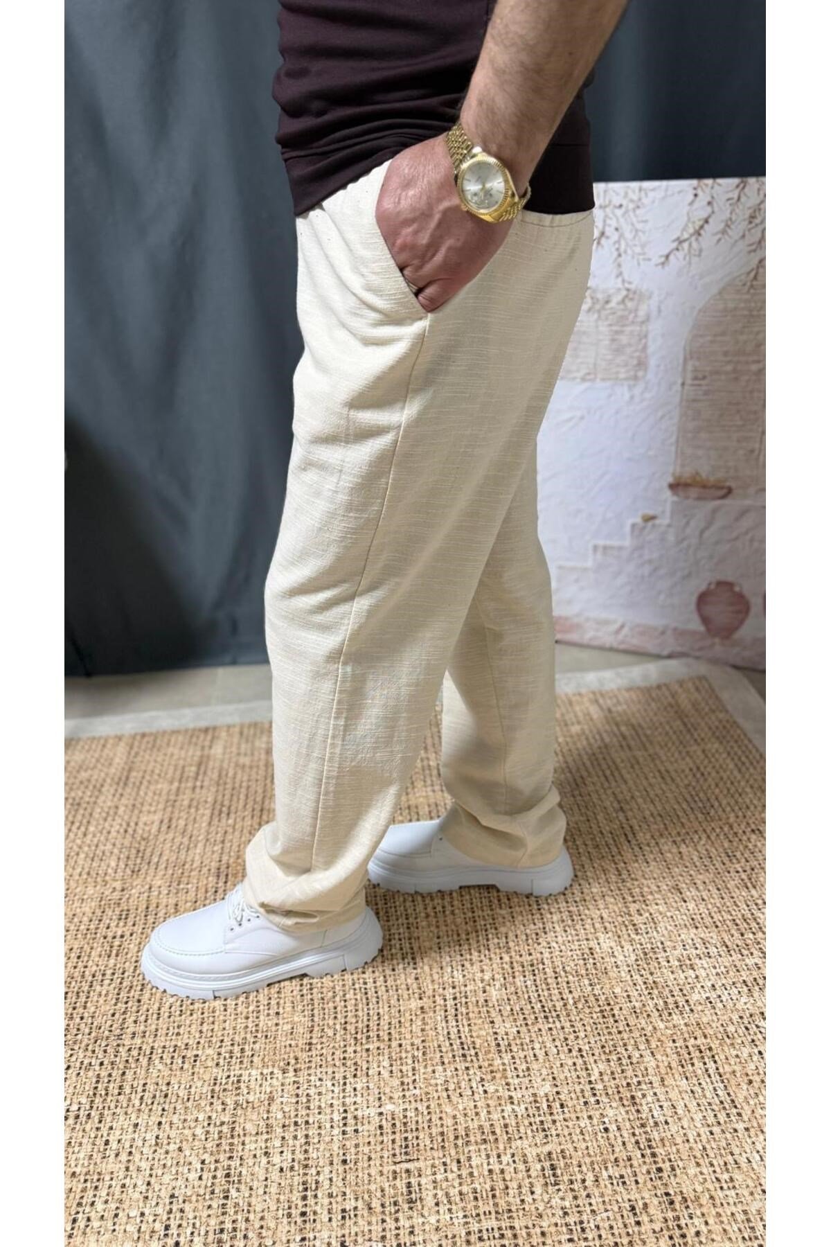 LİCRALI BELİ LASTİKLİ KETEN BAGGY PANTOLON (6700)
