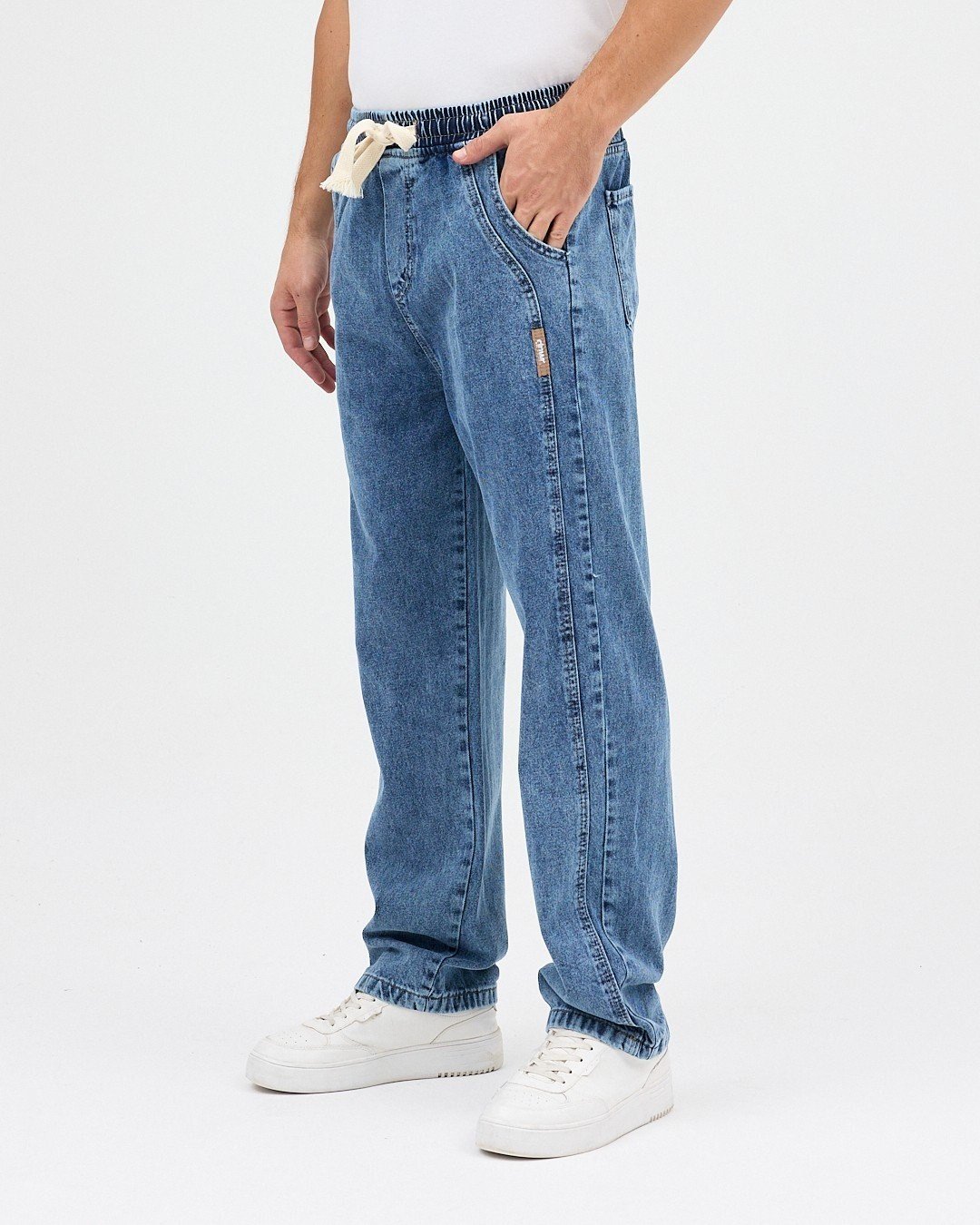 MAVİ ERKEK PARÇALI DESEN YAN ETİKETLİ BAGGY KOT PANTOLON