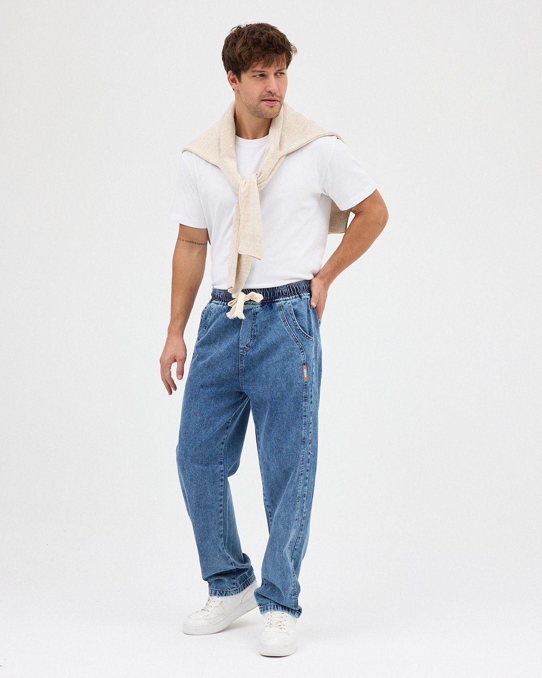 MAVİ ERKEK PARÇALI DESEN YAN ETİKETLİ BAGGY KOT PANTOLON