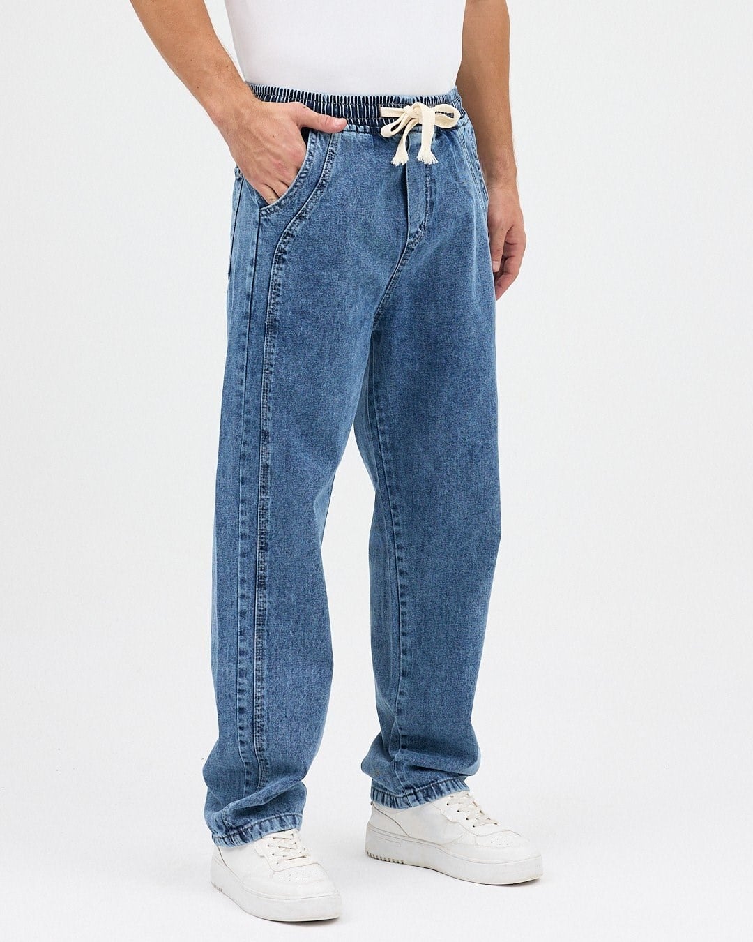MAVİ ERKEK PARÇALI DESEN YAN ETİKETLİ BAGGY KOT PANTOLON