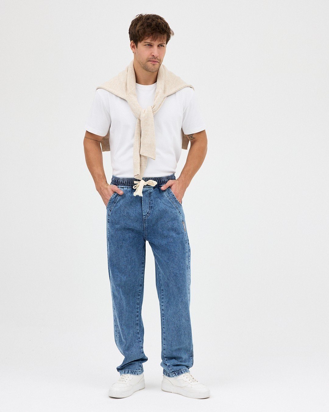 MAVİ ERKEK PARÇALI DESEN YAN ETİKETLİ BAGGY KOT PANTOLON