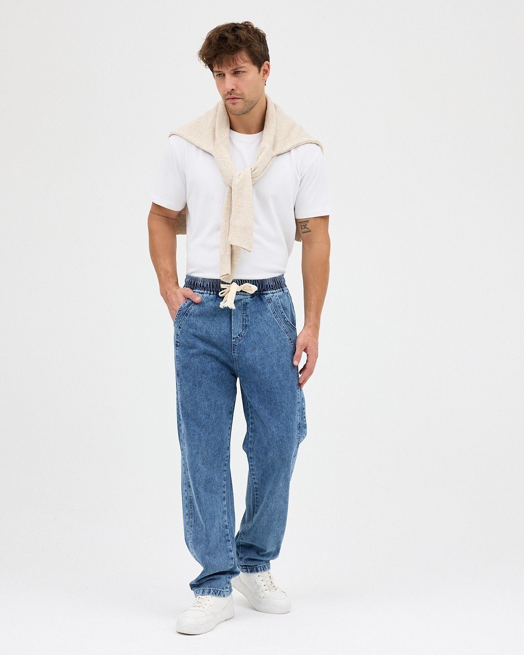 MAVİ ERKEK PARÇALI DESEN YAN ETİKETLİ BAGGY KOT PANTOLON