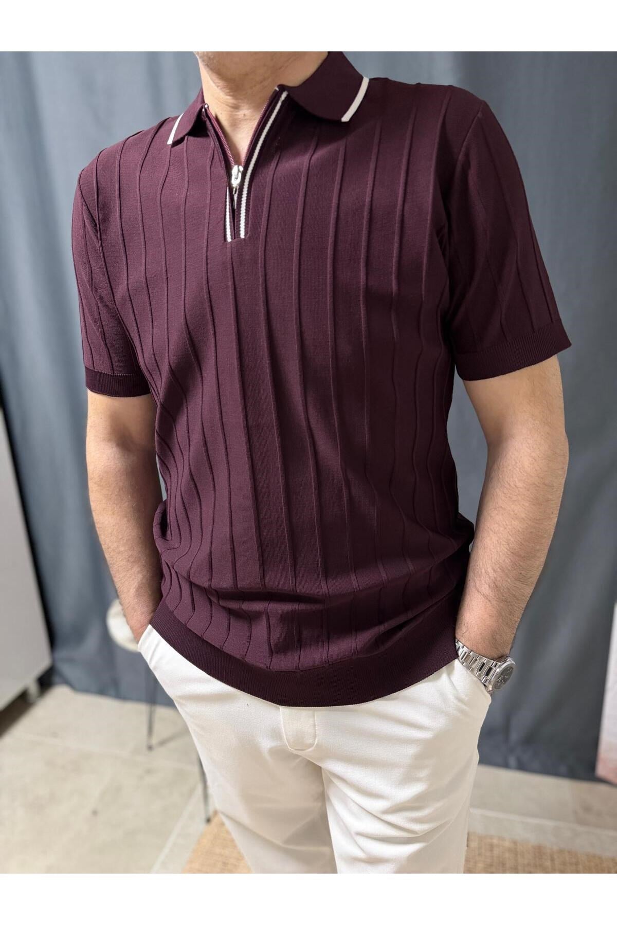 YAKASI ÇİZGİ DETAYLI FERMUARLI POLO YAKA FİT KESİM TİŞÖRT