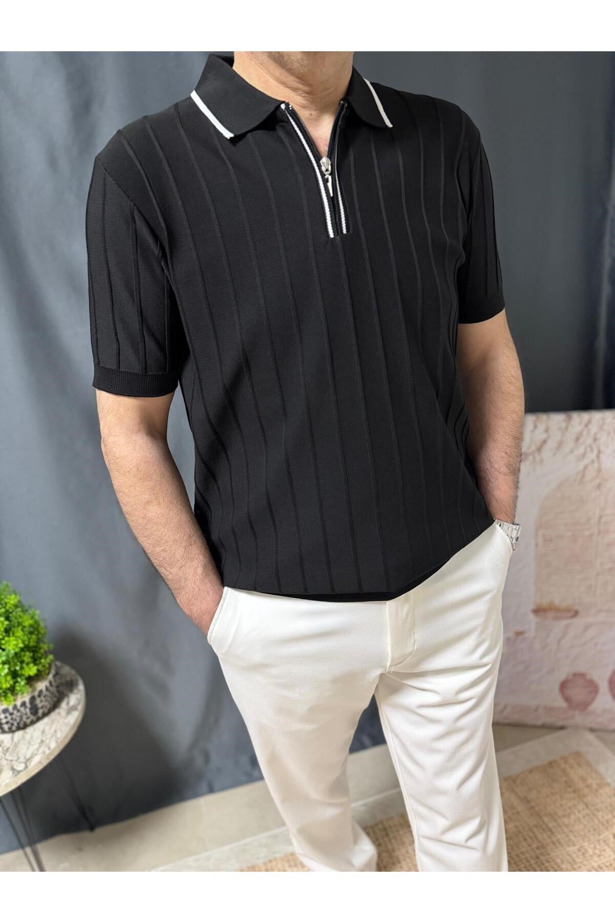 YAKASI ÇİZGİ DETAYLI FERMUARLI POLO YAKA FİT KESİM TİŞÖRT