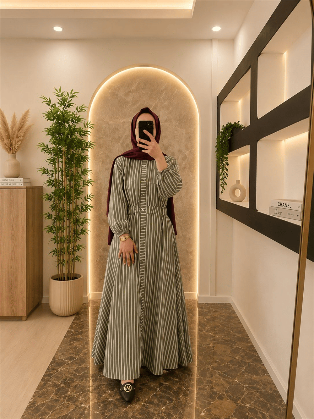 Gabardin Kumaş Beli Lastikli Önden Düğmeli-Yeşil