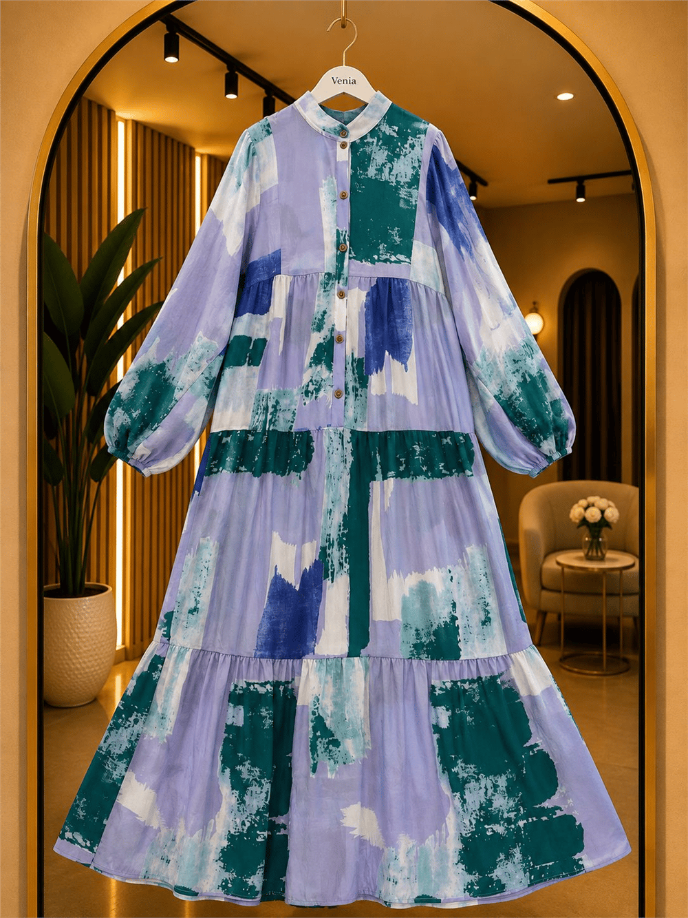 Modal Kumaş Batik Desenli Düğmeli Elbise - Lila 2014