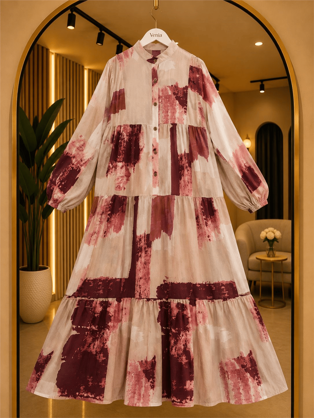 Modal Kumaş Batik Desenli Düğmeli Elbise - Bordo 2014