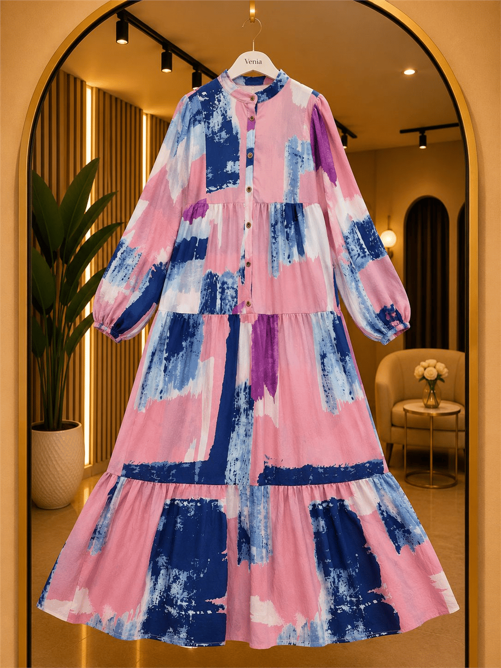 Modal Kumaş Batik Desenli Düğmeli Elbise - Pembe 2014