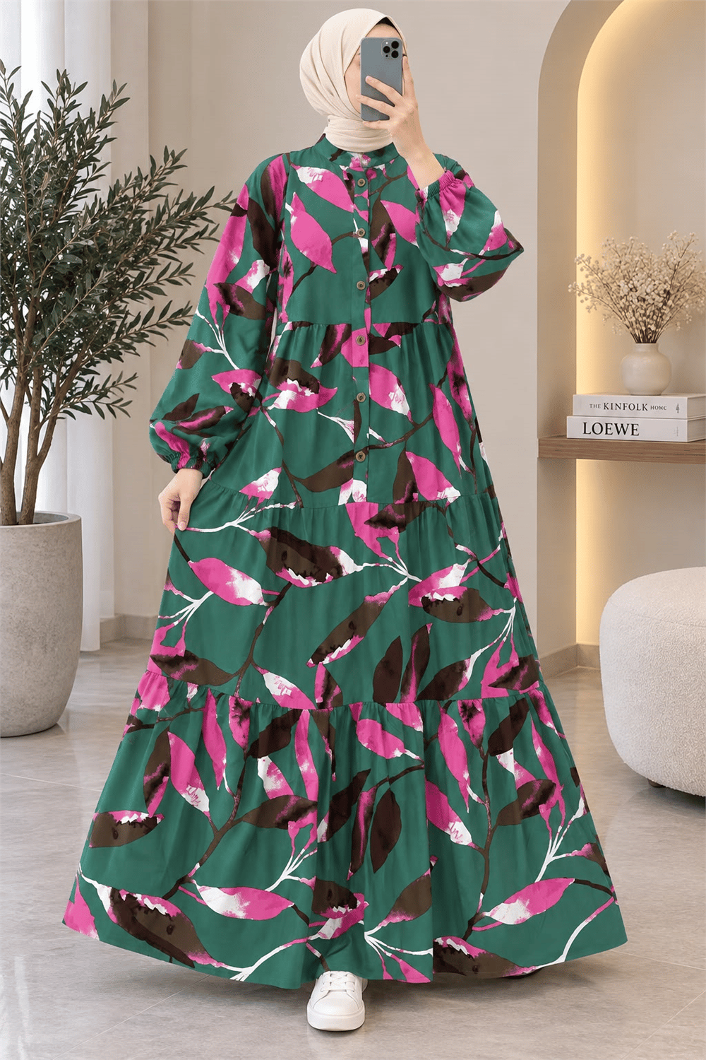 Modal Kumaş Yaprak Desenli Fırfırlı Elbise - Yeşil Pembe Desenli 2093