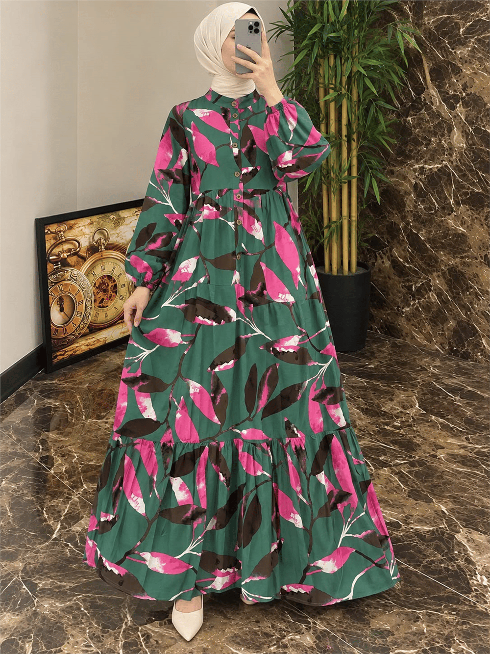 Modal Kumaş Yaprak Desenli Fırfırlı Elbise - Lacivert Pembe Desenli 2093