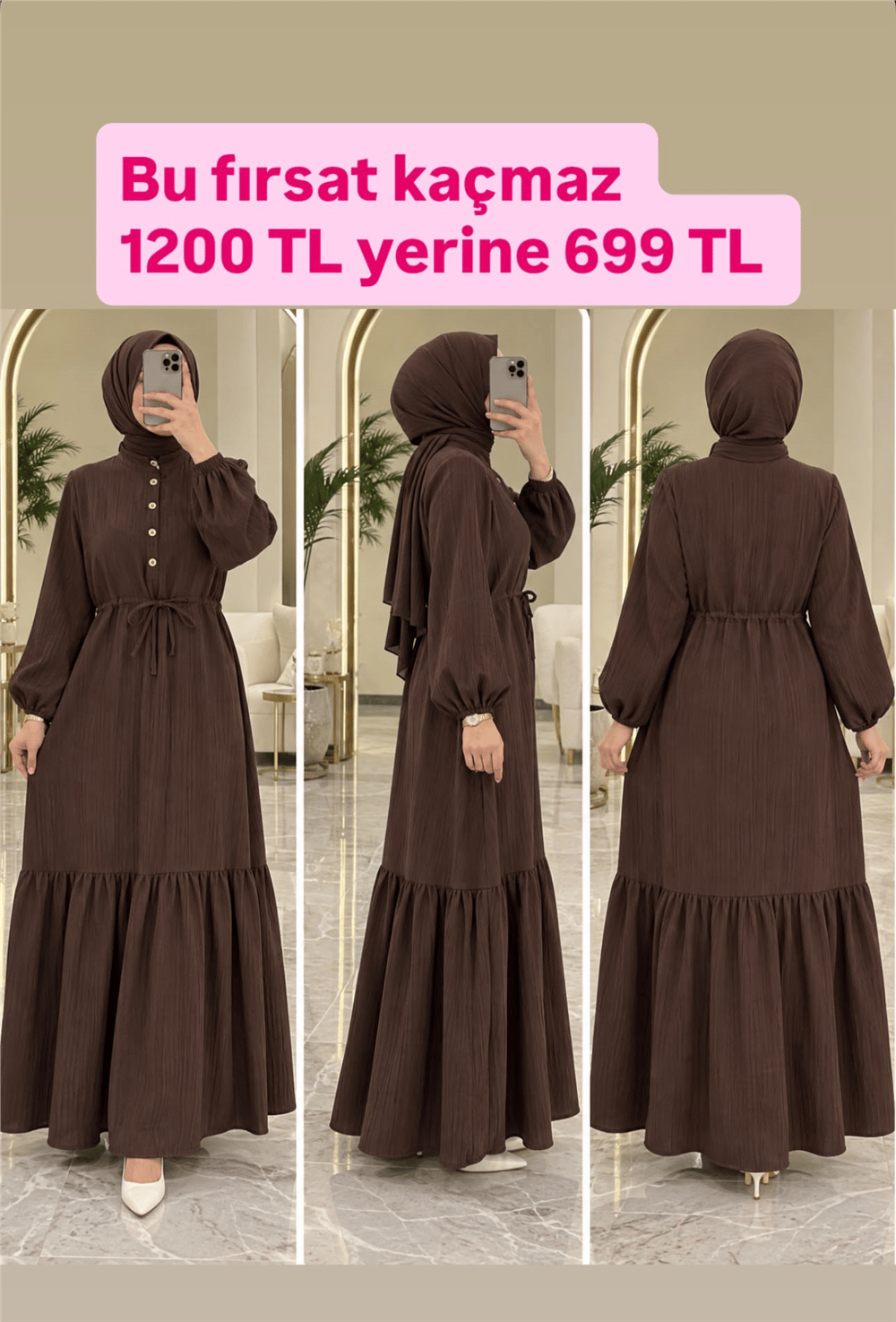 Nada Kumaş Düğmeli Fırfırlı Elbise - Kahverengi 2082