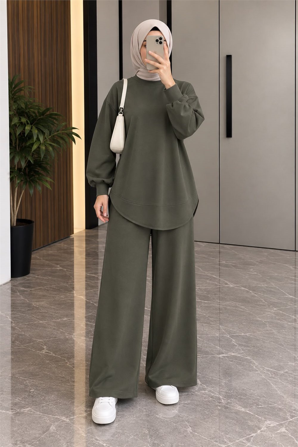 Osso Kumaş Balon Kol Tunik Pantolon Takım - Haki 2097